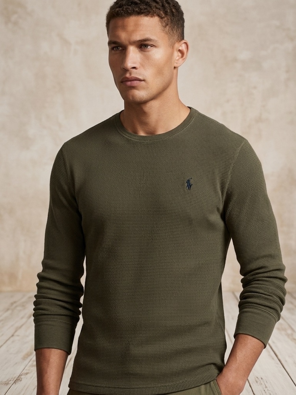 Ralph Lauren Olive Green Waffle-Knit Crewneck Sweater